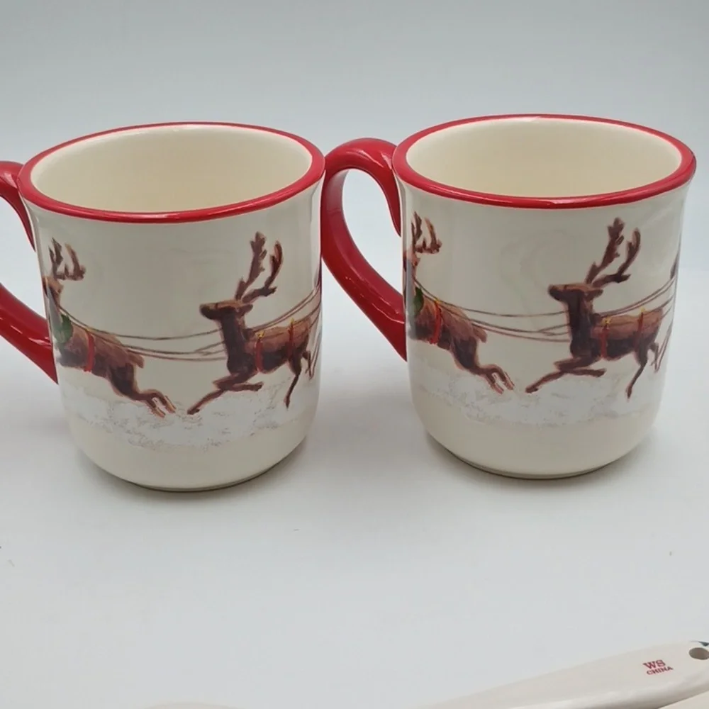 Williams Sonoma Pair Christmas Mugs & Spoons 2011 No Chips Cracks, Some Crazing